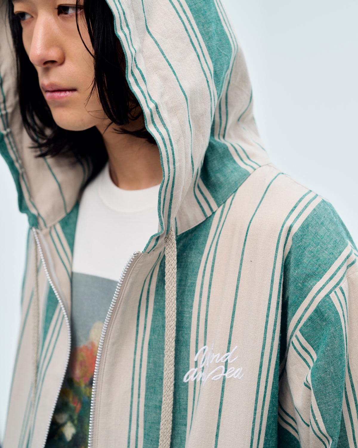 STRIPE LINEN ZIP UP HOODIE