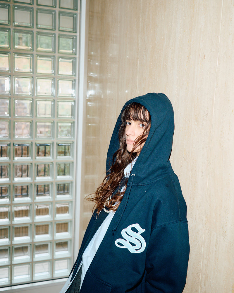 Satin Patch Zip Up Sweatshirt