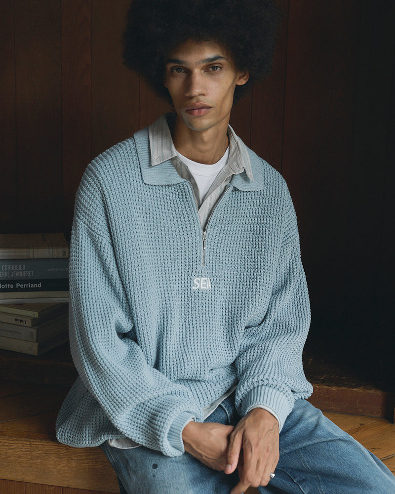 WAFFLE HALF ZIP SWEATER