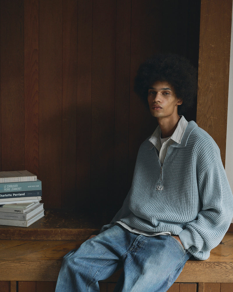 WAFFLE HALF ZIP SWEATER