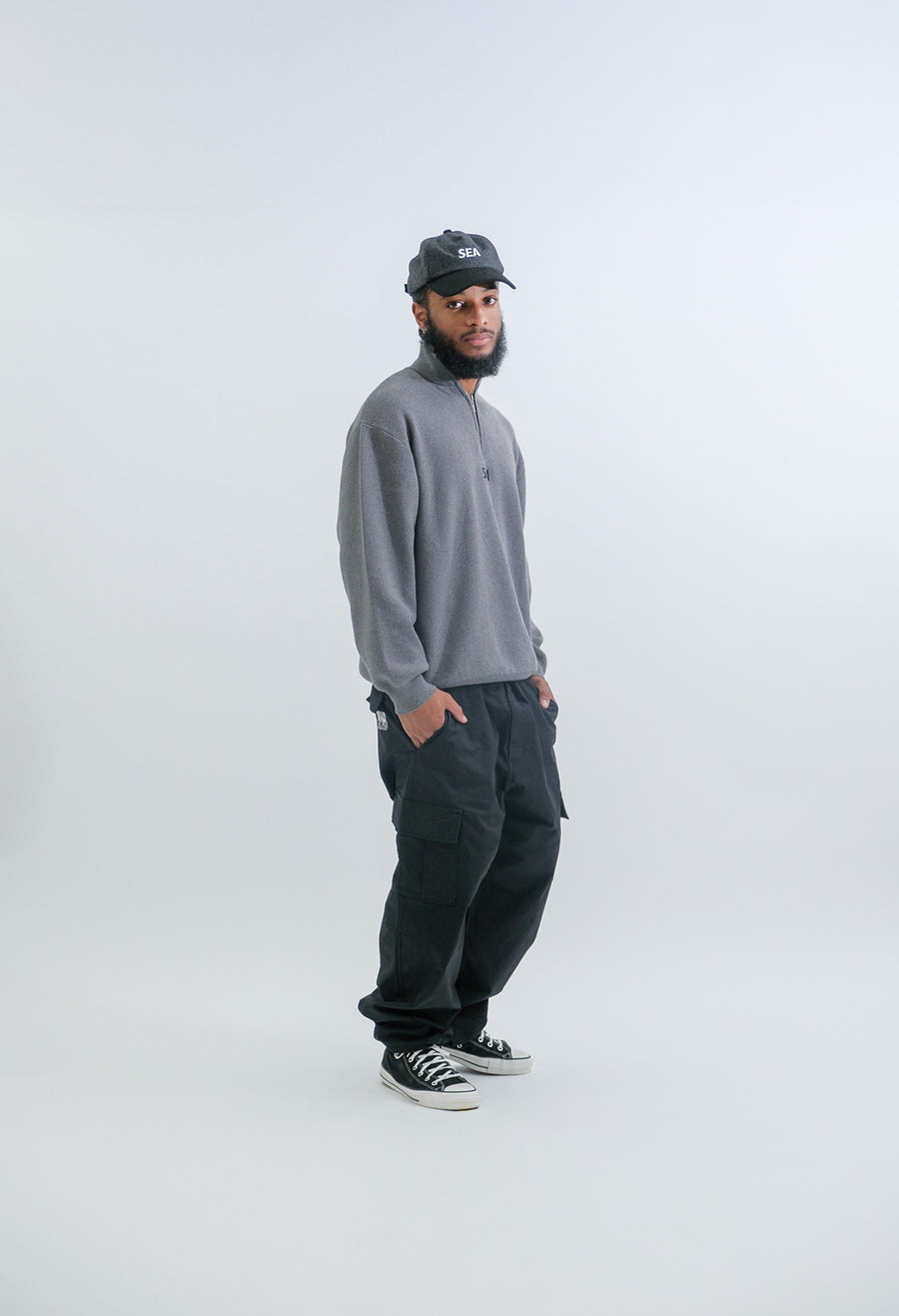 HALF ZIP COTTON CASHMERE KNIT / GRAY