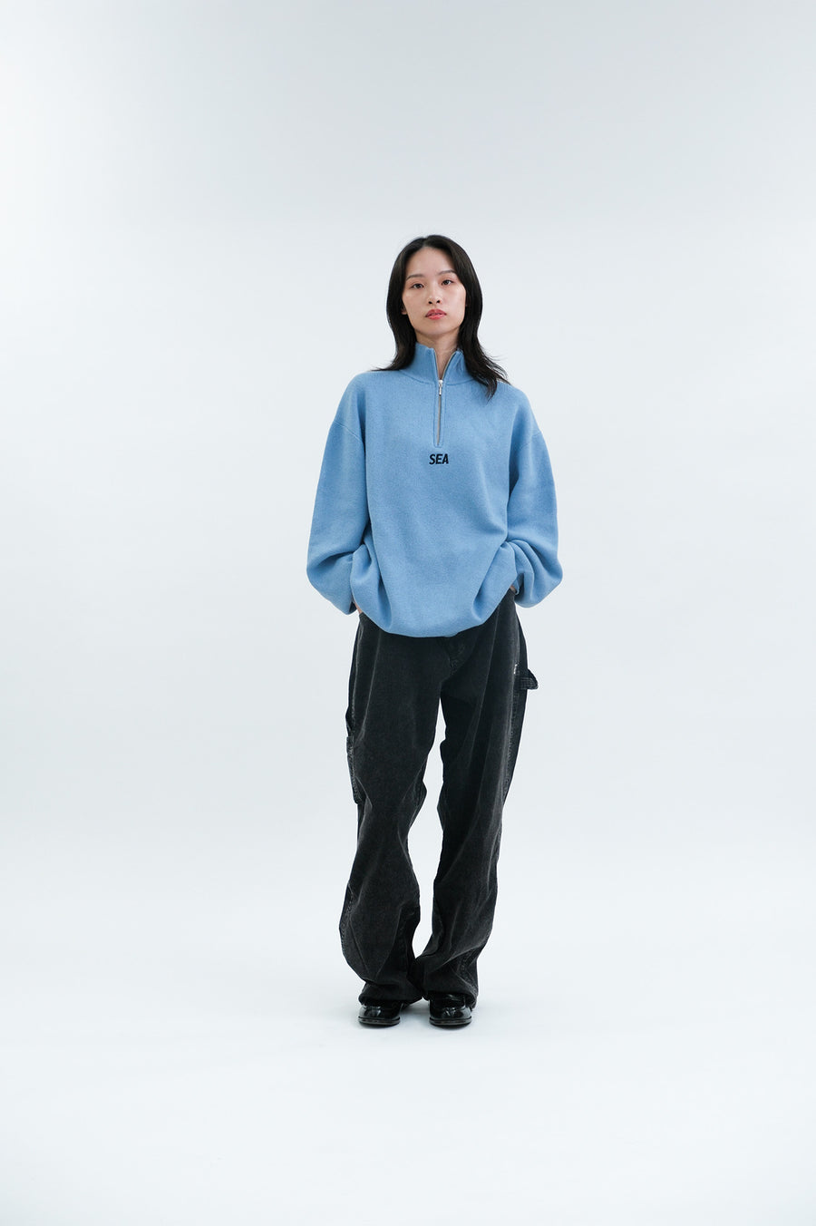 HALF ZIP COTTON CASHMERE KNIT / SKY_BLUE