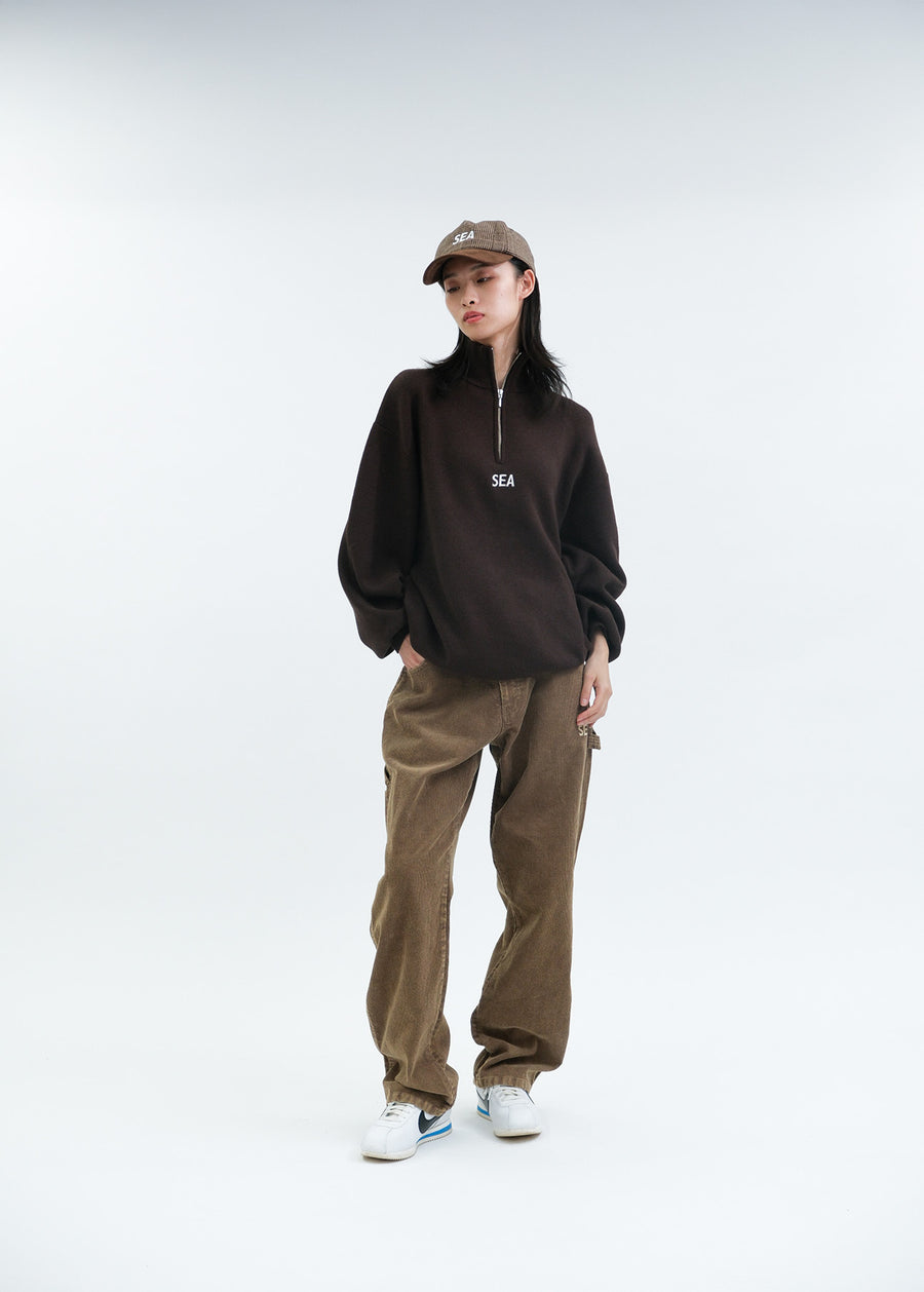 HALF ZIP COTTON CASHMERE KNIT / BROWN