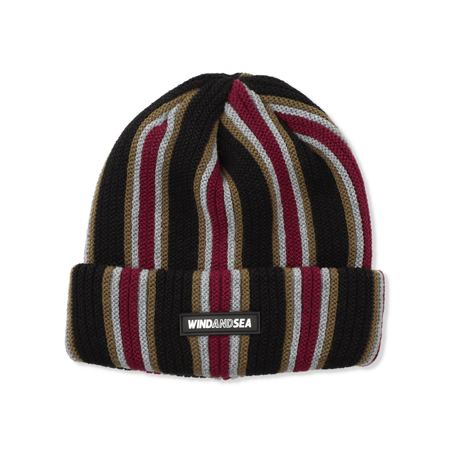 STRIPE KNIT CAP / BLACK_WINE